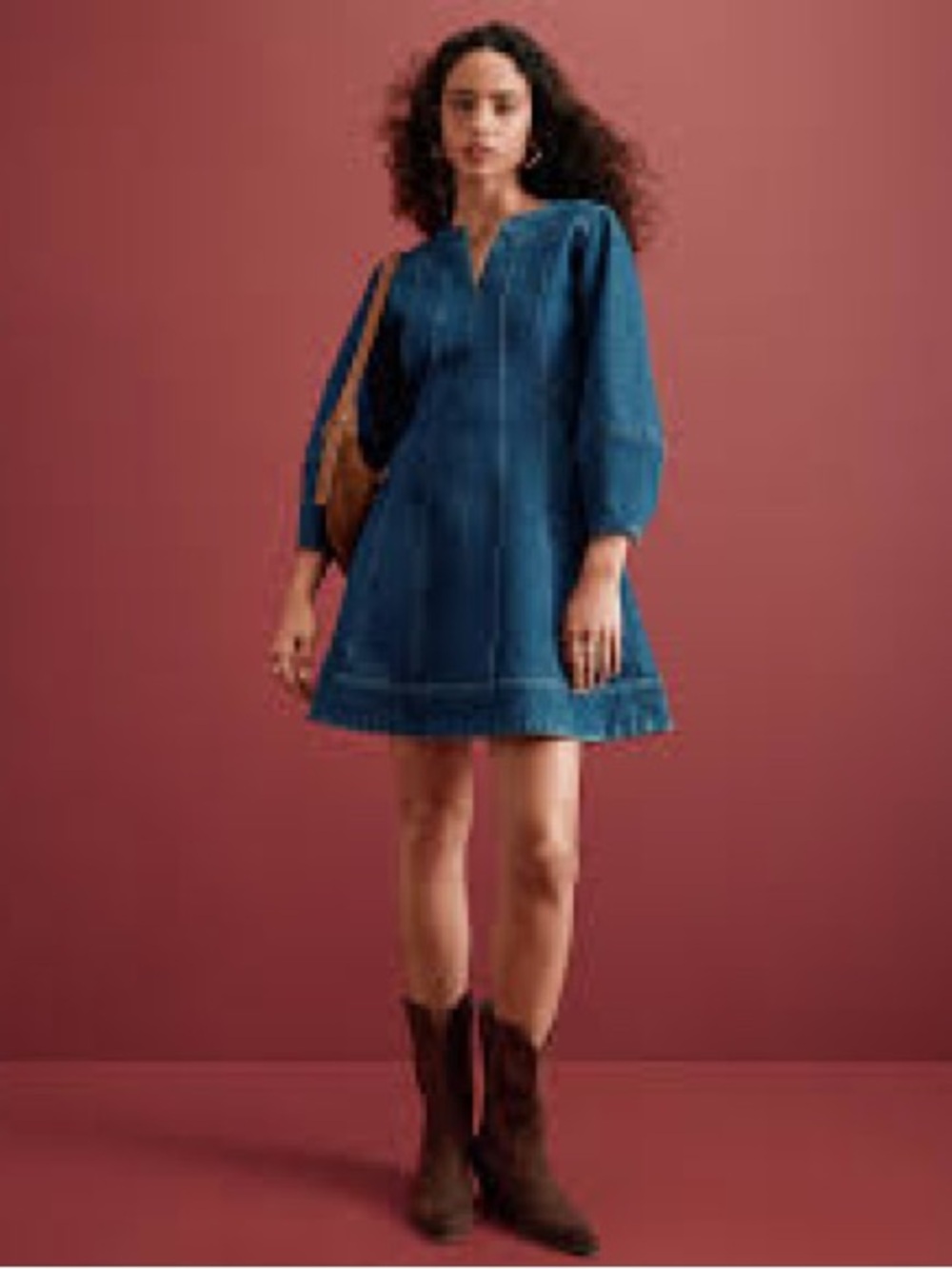 LOFT Seamed Barrel Sleeve Denim Mini Dress Blue Size 14 Cotton western - Picture 2 of 6